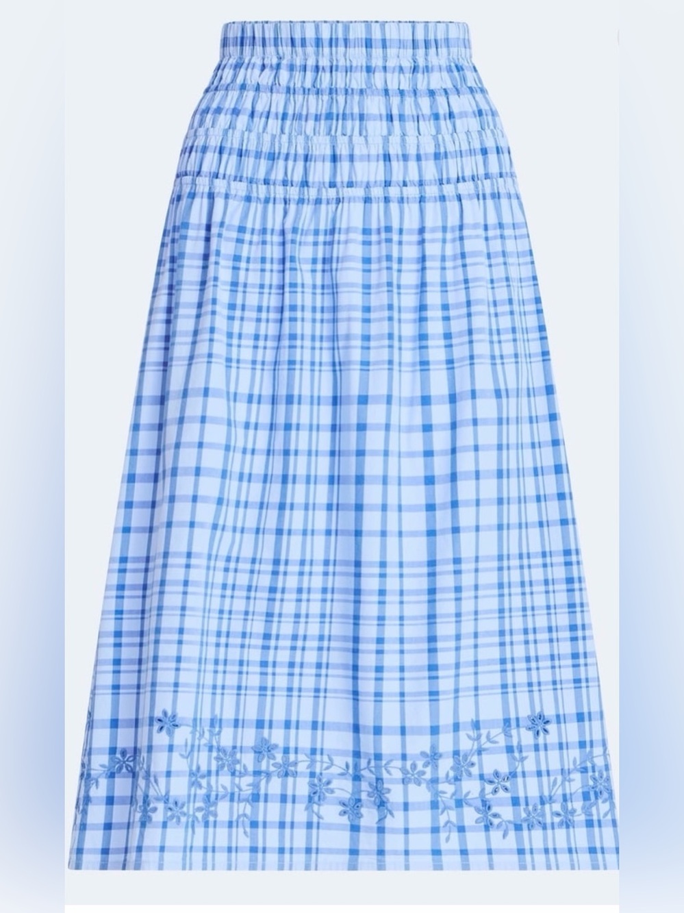 New Free Assembly Smocked Waist Maxi Skirt Blue Plaid Embroidered Floral NWT